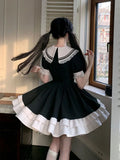 Anokhinaliza Black Dress Women Bow Japanese Cute Lolita Dress Women Sweet lace Puff Sleeve Student Dresses Party Sailor Collar Kawaii Dress