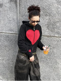 Anokhinaliza Harajuku Style Zipper Cropped Hoodies Women Grunge Black Heart Embroidery Hooded Sweatshirts Vintage Streetwear Y2k Top