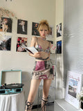 Anokhinaliza Woman Aesthetics Bra Gyaru Outfits Ins Bustier Sexy 2 Piece Skirt Sweet Set Mini Y2k Skirt A-line Elegant Set Lace Up Knit Print