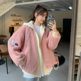 Anokhinaliza Autumn And Winter New Korean Fake Two Pieces Lamb Wool Plus Size Loose Hooded Sweater Female Y2k Retro Fashion Casual Loose Coat