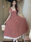 Anokhinaliza Elegant Red Plaid Midi Dresses for Women Lace Patchwork V-neck A-line Sweet Casual Summer New Party Dress Kawaii Vestidos Mujer