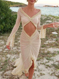 Anokhinaliza Deep V Neck Sheer Dress For Women Elegant Slim Hollow Out Dress Femme Holiday Beach Sexy Ruffle Slit Evening Dress Ladies