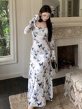 Anokhinaliza Spring Vintage Print Velvet Long Dresses Elegant Square Neck Slim Waist Evening Club Robe Mujer Vestidos Autumn Sexy Vestidos