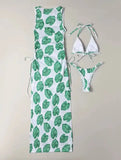 Anokhinaliza 3 Pieces Leaf Print Thong Bikini Women With Cover Up Swimwear Female Trikini Swimsuit Bathers Bathing Swimming Suit Summer