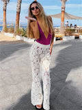 Anokhinaliza White Printed High Waist Straight Legg Women Patchwork Hollow Out Fashion See-Through Lace Women's Pants Summer Clothes