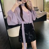 Anokhinaliza Autumn New V-neck Lace Up Loose Long-sleeved Shirt Women + Sexy Camisole + Floral Embroidery A-line Skirt Three-piece Suit