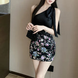 Anokhinaliza Summer New Diagonal Collar Strapless Lace-up Satin Camisole Women + Floral Embroidery Sexy Slim Mini Skirt Two-piece Suit