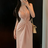 Anokhinaliza Korean Solid Color Elegant Sleeveless Party Dress Women 2024 Summer New V-neck Pleated Sexy Slim Mid-length Dress