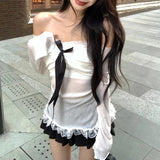 Anokhinaliza Off-shoulder Pleated Bow Casual White Long-sleeved T-shirt Women 2024 Autumn New High Street Lace Splicing Sexy Slim Tops