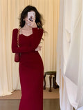 Anokhinaliza French Vintage Chain Square Neck Long Sleeves Midi Dresses for Women New Sexy Bodycon Evening Party Female Clothing