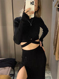 Anokhinaliza New White Knit Two Piece Women Sets Fall Ribbed Crop Top And Pleated Knitted Skirt Suits For Women Midi Dress Sets