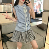 Anokhinaliza Summer New Streetwear Lace-up Pleated Casual Striped Sleeveless T-Shirt Women + High Waist Loose Bud Skirt Two-piece Suit