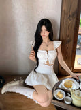 Anokhinaliza Summer New Korean Hollow Single-breasted Ruffled Sexy Camisole Women + High Waist Casual A-line Skirt Two-piece Suit