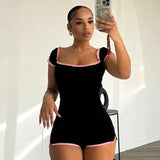 Anokhinaliza Lace Patchwork Square Neck Tight Thin Basic Romper Sexy Girls One-Piece Shorts Jumpsuits Short Sleeve Pullover 2024