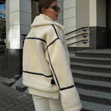 Anokhinaliza Winter Warm Lamb Wool Jacket Casual Loose Thick Coat Contrast Color One Piece Faux Fur Jacket Coat Plush Jacket Women