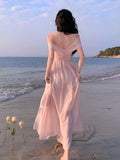 Anokhinaliza France Elegant Backless Chiffon Beach Dresses Korean Chic A-line Pink Fairy Dress Summer Casual Vocation Party Club Vestidos