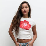 Anokhinaliza Floral Print White Graphic Tees Casual Y2k Going Out Crop Tops Woman 2024 Summer Fashion T Shirt