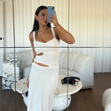 Anokhinaliza Sexy Knit Hollow Out Sling Long Dress Women Slim V-neck Sleeveless Backless Maxi Dresses 2024 Autumn New Lady White Party Robes