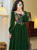 Anokhinaliza Vintage France Green Velvet Floral Dress for Women Chic Auricular A-line Party Prom Robe Winter Spring Harajuku Clothes