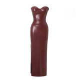 Anokhinaliza Autumn Strapless Party Dresses New Arrivals Wine PU Corset  Dress Sexy Midi Bodycon Night Event Dress Women