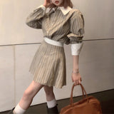 Anokhinaliza Autumn New Korean Polo Collar Contrast Color Striped Loose Long-sleeved Shirt Women + Pleated A-line Skirt Two-piece Suit