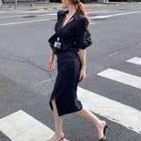 Anokhinaliza V-neck Pleated Sexy Slim Split Long-sleeved Dress Women 2024 Autumn New Korean Contrast Color Striped Casual Mid-length Dress