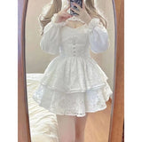 Anokhinaliza Hot Girl Lace White Kawaii Lolita Dress Woman Cascading Ruffl Long Sleeve Fairy Dress Straps Birthday Party Quinceanera Dresses