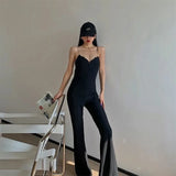 Anokhinaliza Western Style Black High-end V-neck Jumpsuit Women's Summer Slim Fit Sexy Suspender Jumpsuit Flared Wide Leg Pants