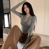 Anokhinaliza Korean Solid Color All Match Long-sleeved T-shirt Women Autumn New Streetwear O-neck Multi-button Sexy Slim Tops