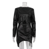 Anokhinaliza Black Leather Skirt Set Women Long Sleeve Top and Mini Skirt Matching Sets Fashion Irregular Club Party Two Piece Set