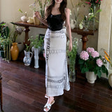 Anokhinaliza Summer New Korean Geometric Printing Casual Mid-Length Skirt Women + Backless Lace-up Sexy Satin Camisole Two Pieces Suit