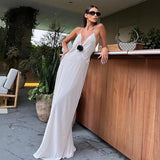 Anokhinaliza Floral Applique Deep V Neck Backless Long Dresses White Black Elegant Sexy Party Evening Dress Resort Y2K Clothing