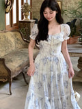 Anokhinaliza French Vintage Chiffon Floral Midi Dresses for Women Ruffles A-line Birthday Party Dress Elegant Prom Robe Summer New Vestidos