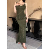 Anokhinaliza Vintage Worn Hollow Sexy Slim Knitted Sling Dress Women 2024 Summer New Streetwear Tassel Splicing Irregular Mid-length Dress