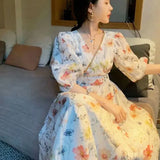 Anokhinaliza Summer Floral Printed Dress Retro Half Sleeve V-Neck Vintage A-Line Bandage Women Dresses Chic Korea Fashion Sweet Vestidos