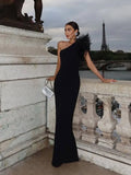 Anokhinaliza One Shoulder Feather Dress Black Sexy Fur Collar Party Socialite Evening Robes Women Slimming Wrap Hip Fishtail Long Dresses