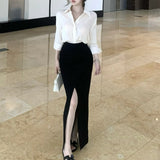 Anokhinaliza Summer New Polo Collar Loose Casual White Long-sleeved Shirt Women + High Waist Sexy Split Mid-length Skirt Two-piece Suit