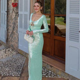 Anokhinaliza Long Sleeve Formal Occasion Dresses for Women Autumn Sequins Elegant Maxi Dress Wedding Guest Party Dresses