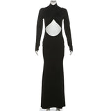 Anokhinaliza Black Hollow Out Maxi Dress for Women Long Sleeve Slim Evening Party Dresses Autumn Winter Sexy Turtleneck Club Outfits