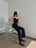 Anokhinaliza Western Style Black High-end V-neck Jumpsuit Women's Summer Slim Fit Sexy Suspender Jumpsuit Flared Wide Leg Pants