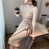 Anokhinaliza Elegant Fashions Knitted Midi Dresses for Women Autumn Winter Slim Lace Up Long Sleeve Bottoming Sweater Female Clothing