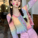 Anokhinaliza Harajuku Y2k Rainbow Knitted Cardigan Women Kawaii Lace-up Hplloow Out Ruffle Flare Long Sleeve Sweater Coat Casual Knitwear Top