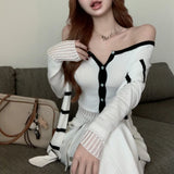 Anokhinaliza Off-shoulder Lace Up Sexy Slim Long-sleeved Cardigan Women 2024 Autumn New High Street Contrast Color Striped Knit Crop Tops