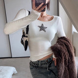 Anokhinaliza 2000s Retro Mall Goth Star Print T-shirt Y2K Aesthetic Grunge Vintage Crop Top Indie Chic Women Autumn Full Sleeve Pullover Tees