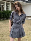 Anokhinaliza Women Fashion Solid Pleated 2 Piece Suit Korean Casual Single-Breasted Shirt A-Line Mini Skirt Set Female Summer Outfits Clothes