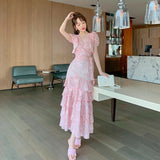 Anokhinaliza 2024 High End Women Sweet Chiffon Tops and Long Layered Skirt 2 Piece Summer Sets Female Outfits Print Floral Elegant Two Piece