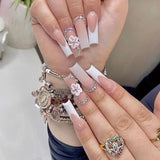 Anokhinaliza 24pcs Long White Coffin False Nail French Cubic Pink Flower Rhinestone Fake Nails Waterproof Removable Press on Nail with Tools
