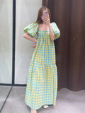 Anokhinaliza Korean style Summer Plaid Print Ruffle Square Neck Checked Dress Short Sleeve Tie Up Strap Gingham Midi Dress Women