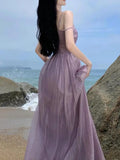 Anokhinaliza - Vintage Spaghetti Strap Purple Long Dresses for Women 2024 Summer Sexy Tulle Pleats Fairy Evening Party Backless Female Clothing