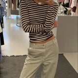 Anokhinaliza Vintage Preppy Style Y2K Crop Tops Clothes Cottage Striped Rib Knitted T-shirt Women Long Sleeve Casual Basic Tees Pullovers